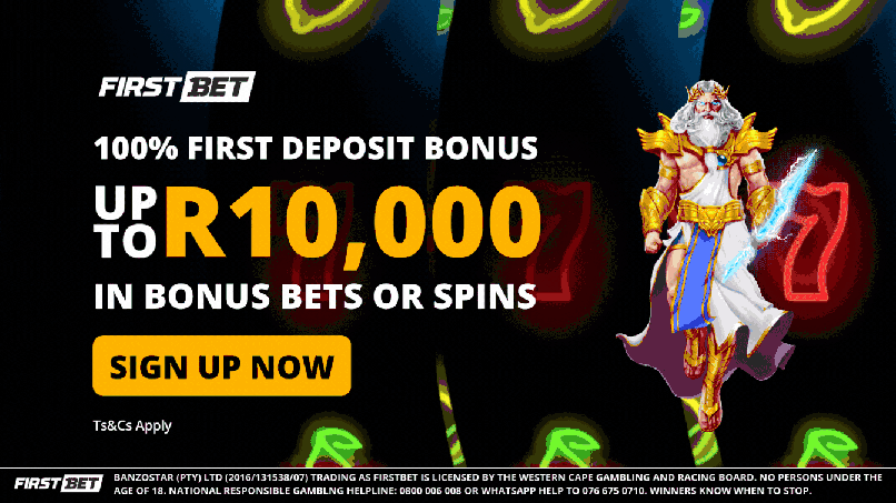 100% Deposit bonus upto R10,000 in bonus bets or spins